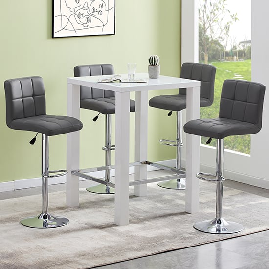 Joplin Square Glass White Gloss Bar Table With 4 Concord Grey Stools