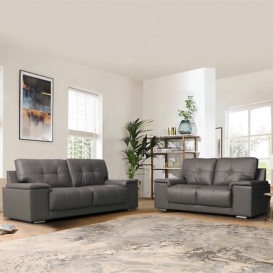 Kansas Faux Leather 3 + 2 Seater Sofa Set In Dark Grey