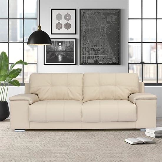 Kansas Faux Leather 3 Seater Sofa In Ivory