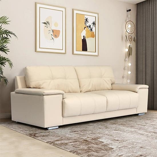 Kansas Faux Leather 3 Seater Sofa In Ivory