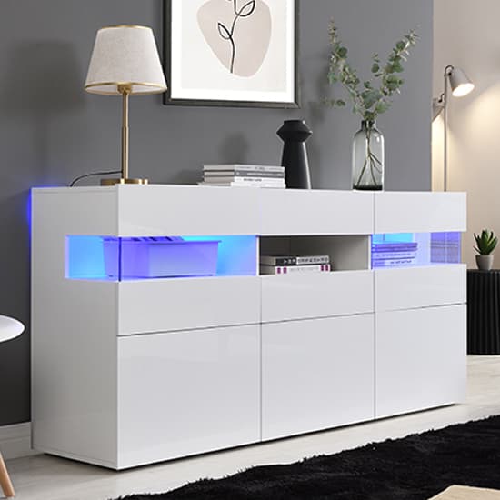 Kiefer High Gloss Sideboard In White With LED Lighting