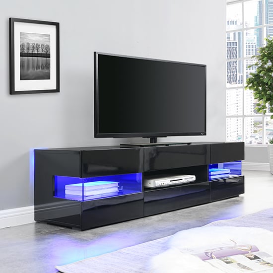 Kiefer High Gloss TV Stand In Black With LED Lighting