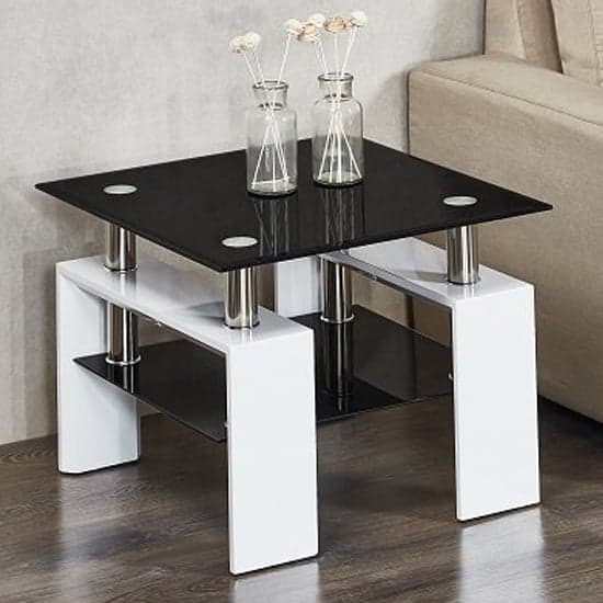 Kohler Black Glass Side Table With White High Gloss Legs