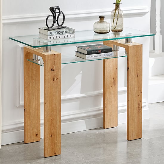 Kohler Glass Top Console Table With Undershelf In Wooden Legs