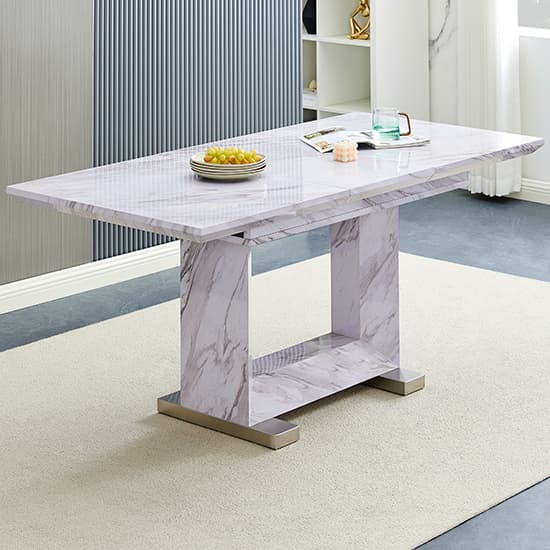 Lorain Extendable Wooden Dining Table In Grey Marble Effect