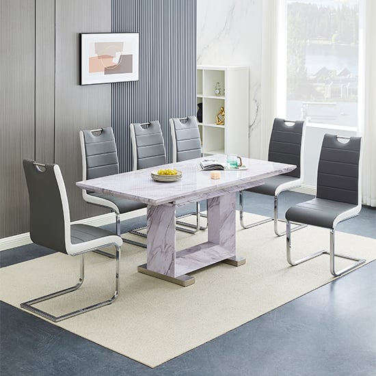 Lorain Extending Grey Dining Table 6 Petersburg Grey White Chairs