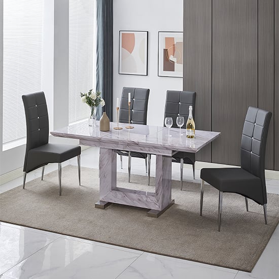 Lorain Extending Grey Dining Table With 4 Versilia Grey Chairs