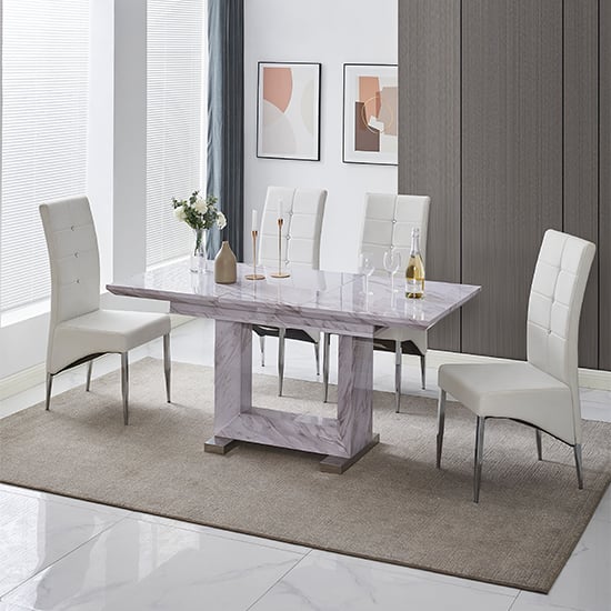 Lorain Extending Grey Dining Table With 4 Versilia White Chairs