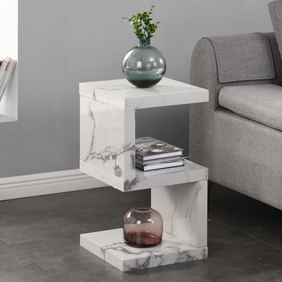 Maharani High Gloss S Shape Side Table In Diva Marble Effect