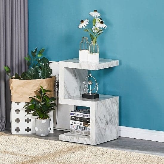 Maharani High Gloss S Shape Side Table In Magnesia Marble Effect