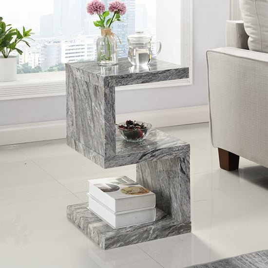 Maharani High Gloss S Shape Side Table In Melange Marble Effect