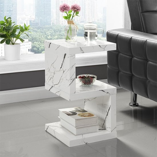 Maharani High Gloss S Shape Side Table In Vida Marble Effect