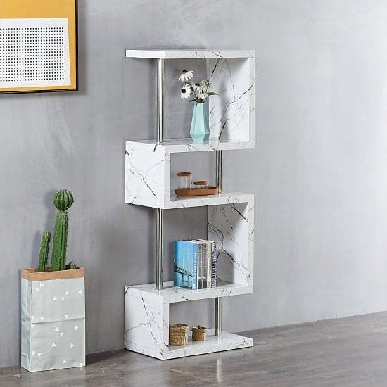 Maharani High Gloss White Shelving Unit In Vida Marble Effect