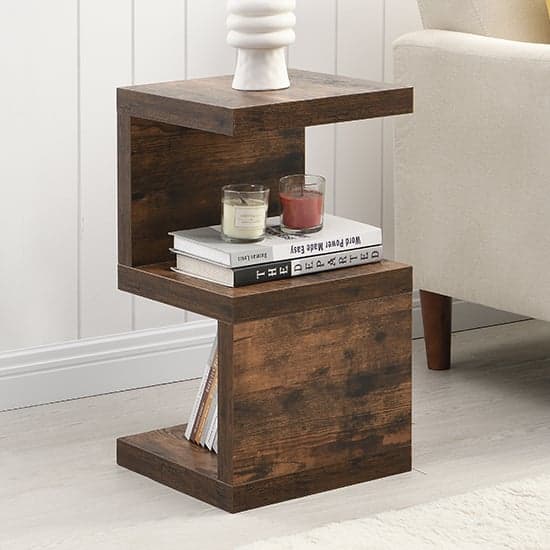 Maharani Wooden S Shape Design Side Table In Rustic Oak