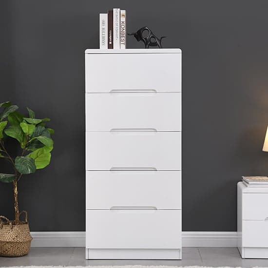 Manistee Tall High Gloss Chest Of 5 Drawers In White