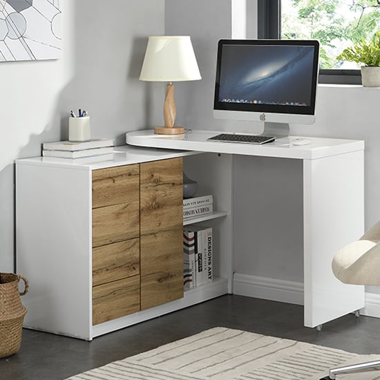 Manteo Wooden Swivelling Computer Desk In White And Oak