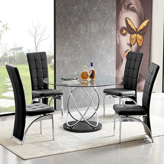 Mariposa Clear Glass Dining Table With 4 Riverton Black Chairs