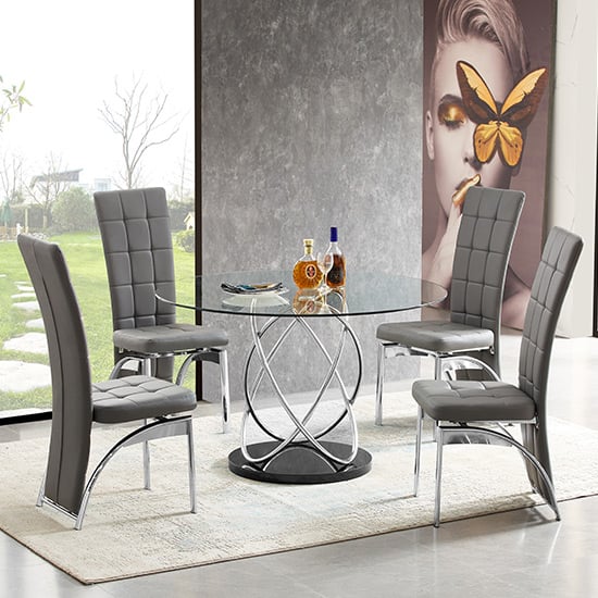 Mariposa Clear Glass Dining Table With 4 Riverton Grey Chairs