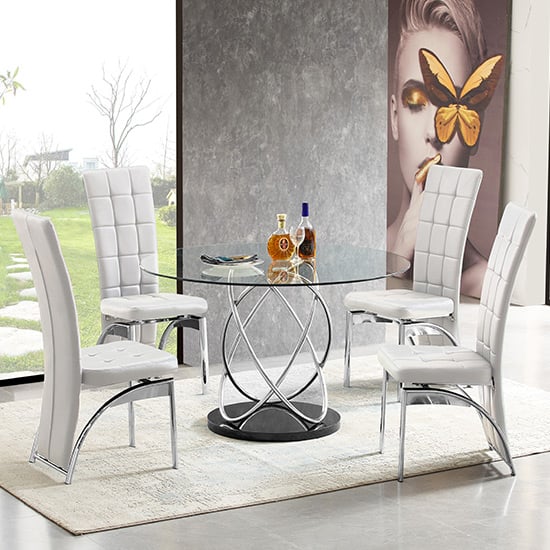 Mariposa Clear Glass Dining Table With 4 Riverton White Chairs