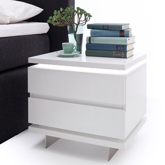 Matthews Bedside Cabinet In White Gloss With 2 Drawers And LED