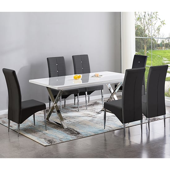Mayetta Extending White Dining Table With 6 Versilia Black Chairs