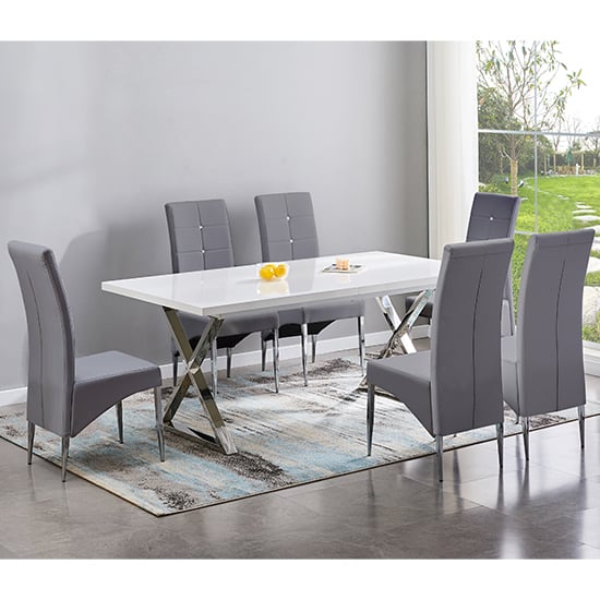 Mayetta Extending White Dining Table With 6 Versilia Grey Chairs