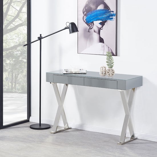 Mayetta Glass Top High Gloss Console Table In Grey