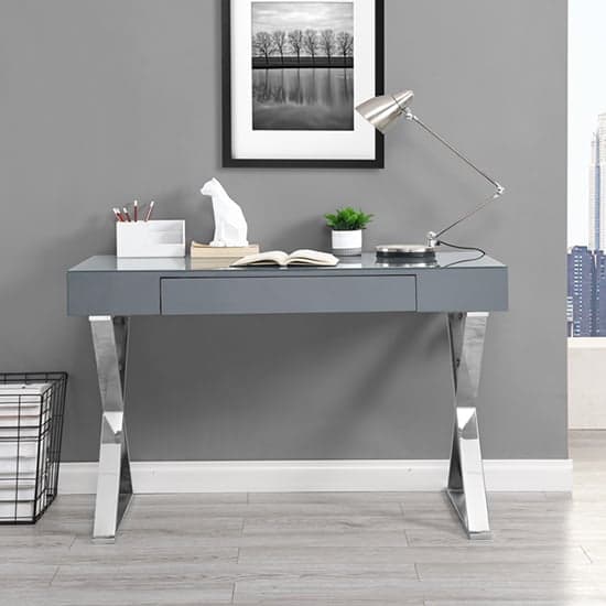 Mayetta Glass Top High Gloss Laptop Desk In Grey