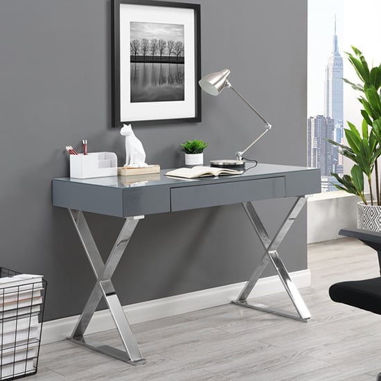 Mayetta Glass Top High Gloss Laptop Desk In Grey