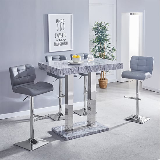 Cortina Melange Marble Effect Bar Table With 4 Canyon Grey Stools
