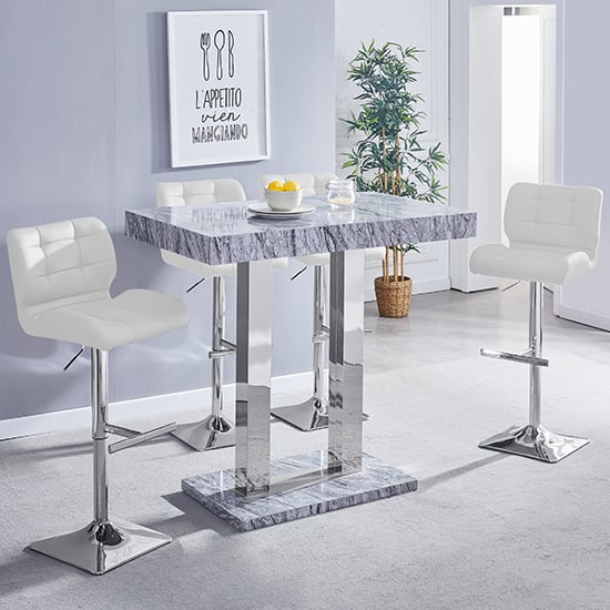 Cortina Melange Marble Effect Bar Table With 4 Canyon White Stools
