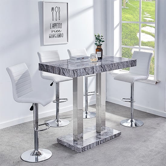 Cortina Melange Marble Effect Bar Table With 4 Rifle White Stools