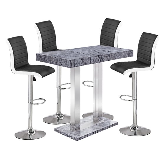 Cortina Melange Marble Effect Bar Table With 4 Riga Black White Stools