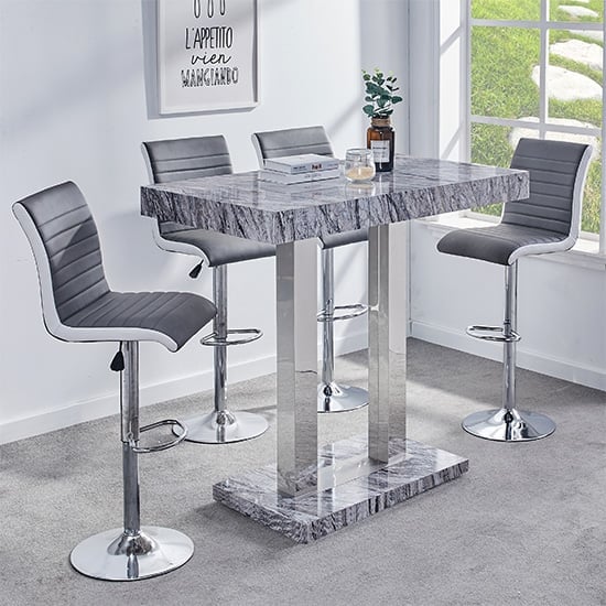 Cortina Melange Marble Effect Bar Table With 4 Riga Grey White Stools