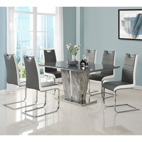 Cortina Melange Marble Effect Dining Table 6 Petersburg Grey White Chairs