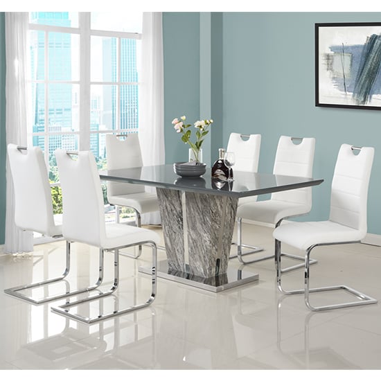 Cortina Melange Marble Effect Dining Table 6 Petersburg White Chairs