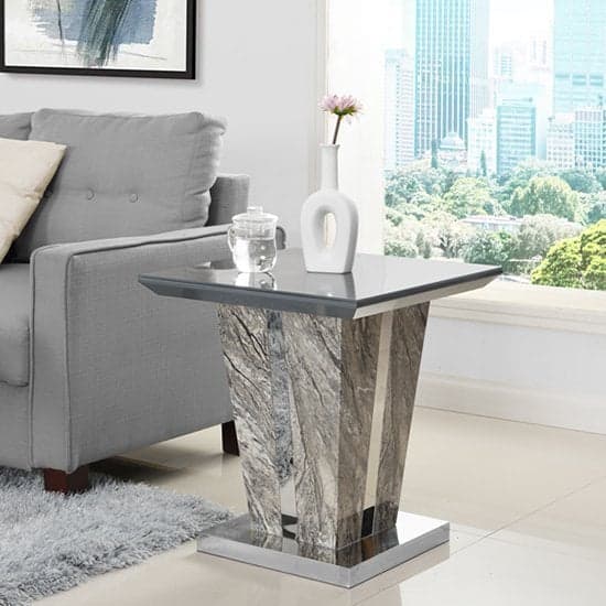 Cortina Melange Marble Effect Glass Top High Gloss Lamp Table In Grey
