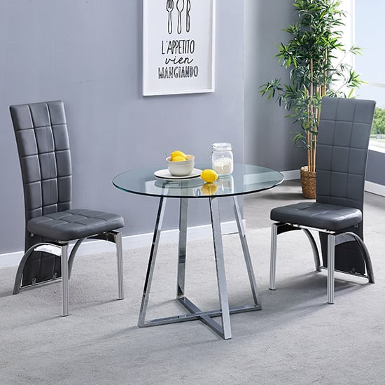 Mendon Round Glass Dining Table With 2 Riverton Grey Chairs