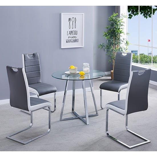 Mendon Round Glass Dining Table With 4 Petersburg Grey White Chairs