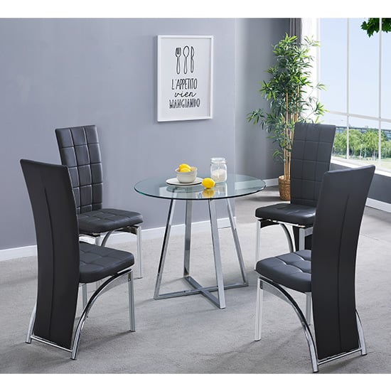 Mendon Round Glass Dining Table With 4 Riverton Black Chairs