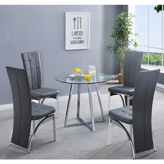 Mendon Round Glass Dining Table With 4 Riverton Grey Chairs