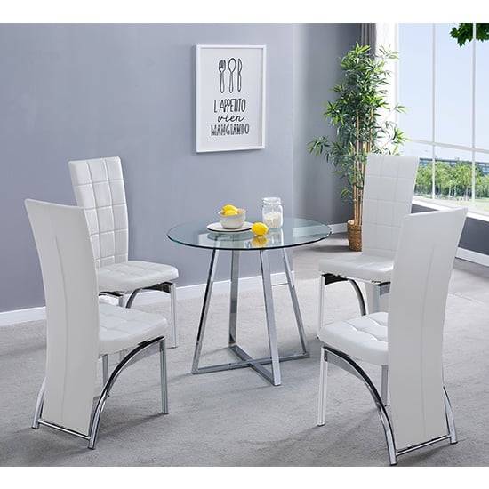 Mendon Round Glass Dining Table With 4 Riverton White Chairs