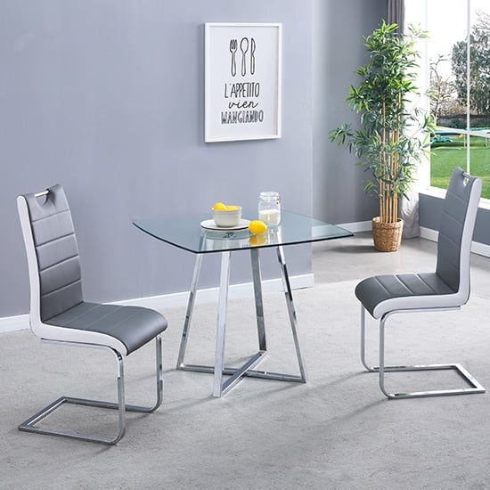 Mendon Square Glass Dining Table With 2 Petersburg Grey White Chairs