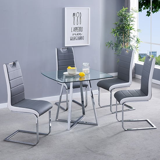 Mendon Square Glass Dining Table With 4 Petersburg Grey White Chairs