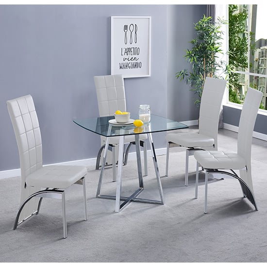 Mendon Square Glass Dining Table With 4 Riverton White Chairs