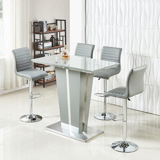 Merrill Glass Grey High Gloss Bar Table 4 Rifle Grey Stools