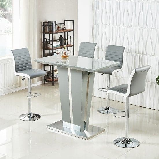 Merrill Glass Grey High Gloss Bar Table 4 Riga Grey White Stool