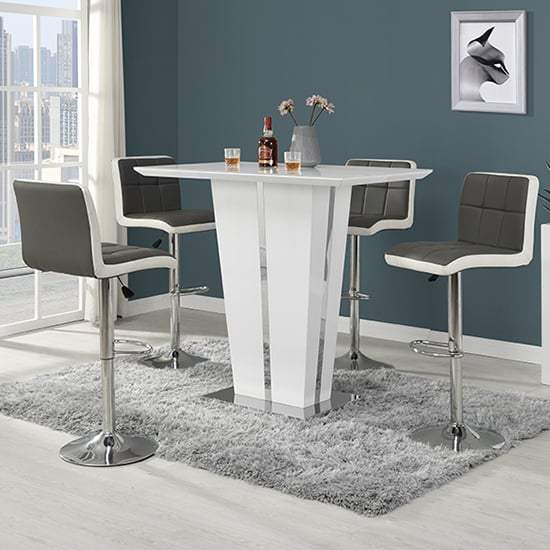 Merrill Glass White Gloss Bar Table 4 Cortez Grey White Stools