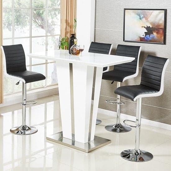 Merrill Glass White Gloss Bar Table 4 Riga Black White Stools