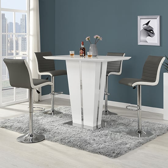 Merrill Glass White Gloss Bar Table 4 Riga Grey White Stools
